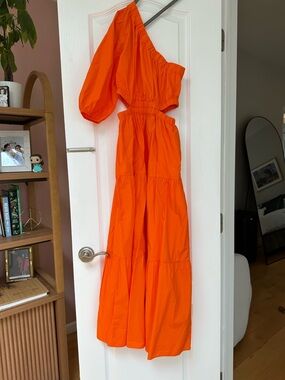 One-Shoulder Orange Maxi Dress with Cutout Waist